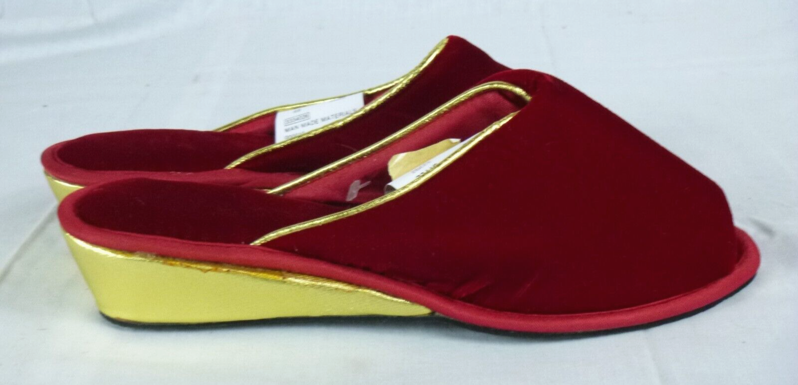 PANTOFOLA D’ORO NOS Vintage Sears Deep Red Velvet con accenti oro metallizzato ciabatte slide taglia 8B