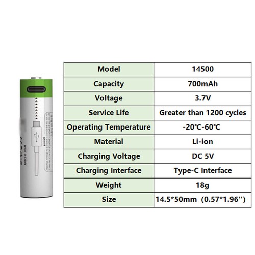 3.7V 2X High Quality 700mAh 14500 Li-ion Rechargeable Battery Type C USB - Picture 3 of 5