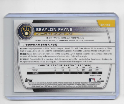 BRAYLON PAYNE #BP-148 051/499 2025 BOWMAN SKY BLUE BORDER PAPER PROSPECTS - Picture 2 of 2