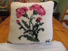 Vintage Completed Pillow 18" Sq from Latched Hook Kit Signed Pink Flowers EUC