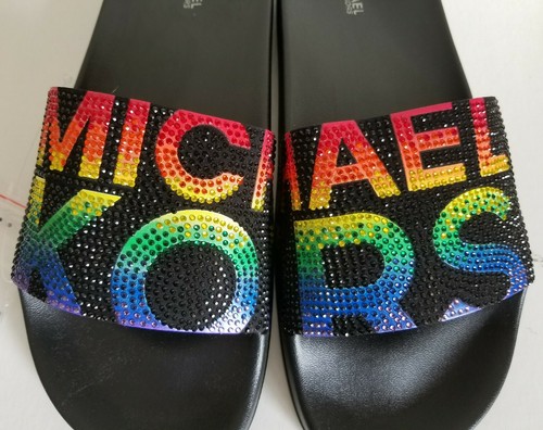MICHAEL KORS GILMORE BLACK MULTI CRYSTAL MK LOGO POOL SLIDES PRIDE I LOVE SHOES