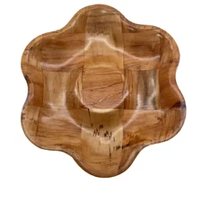 Vintage Mid Century Woven Parquet Chip & Dip Bowl Wood Flower Shaped 9.5"