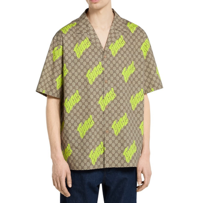 size 50 L Gucci Printed Cotton Poplin Bowling Shirt Beige Neon
