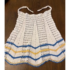 Vintage Handmade Crochet Child Waist Apron Cottagecore Cream Blue Yellow Striped