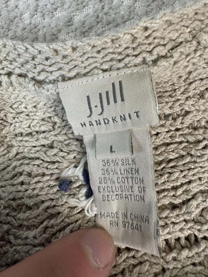 J Jill Handknit Sweater Womens Large Floral Embroidered Silk Linen Pullover - Image 2 of 4