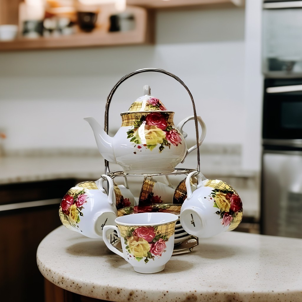 Set Red & Yellow Rose Teapot And Matching Cups On Metal Stan