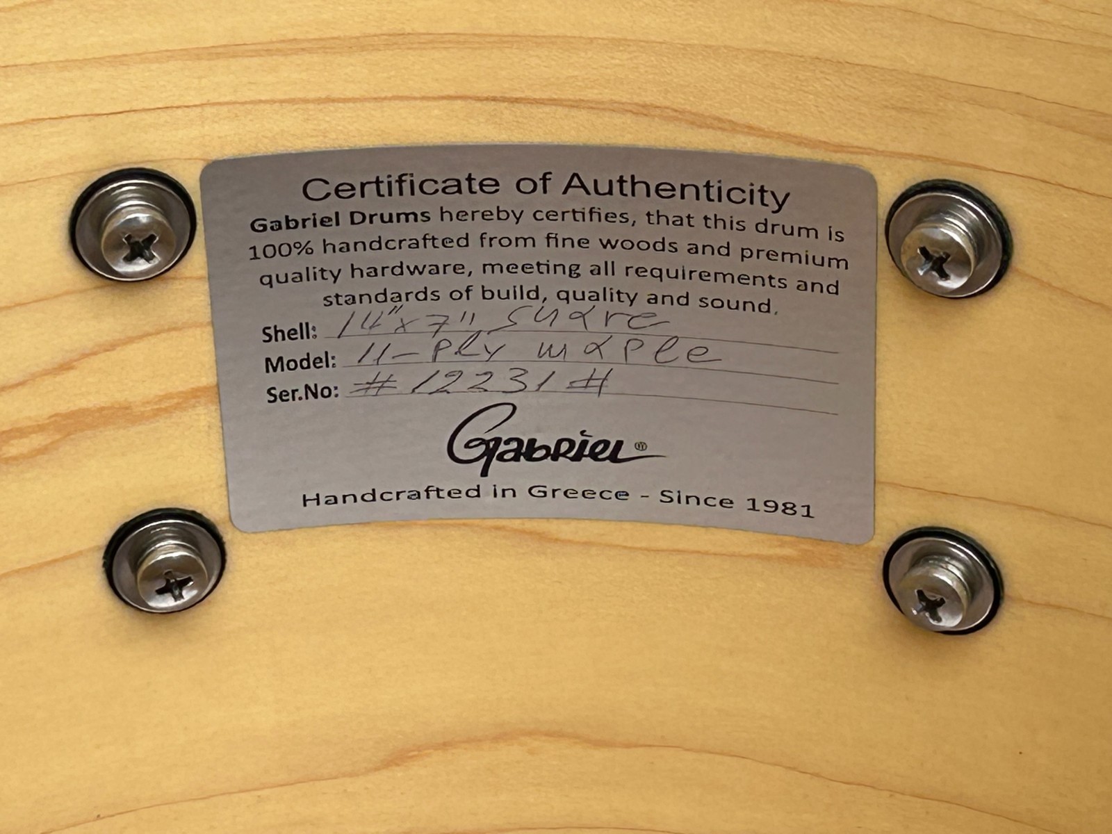GABRIEL 14''x 7'' Handcrafted Snare Drum-11Ply Maple-10 Brass Lugs-Diecast hoops photo 15
