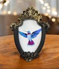 Hummingbird watercolor miniature art print in vintage style ornate frame