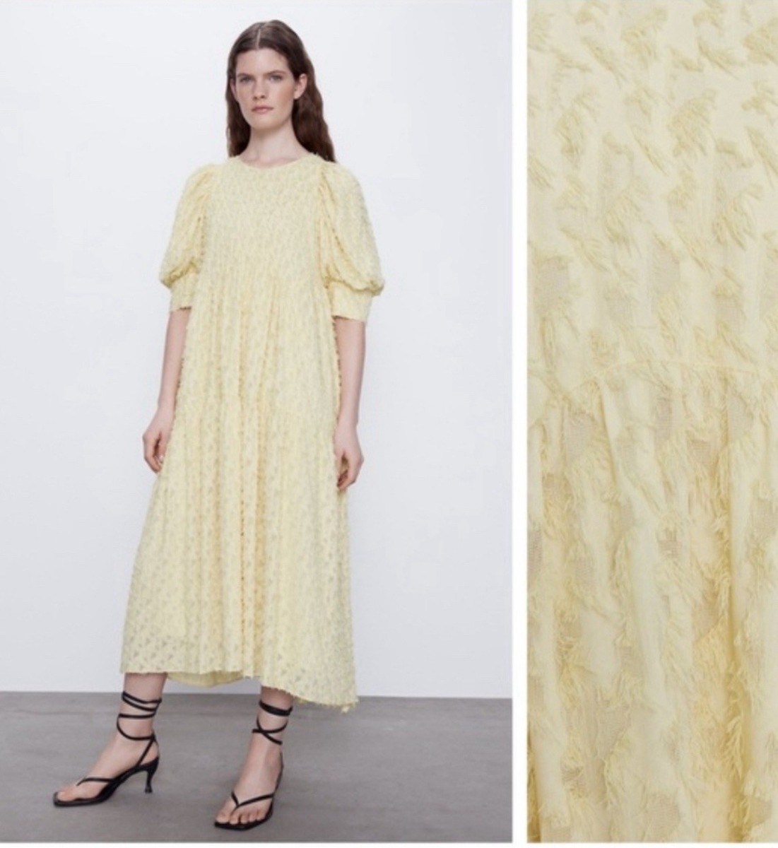 ZARA Midi Dress Women XS Butter Yellow Volume Textured Puff Sleeves Blogger  Fave | eBay