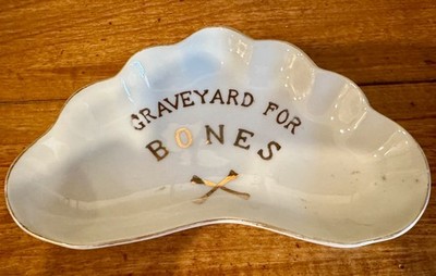 VINTAGE HALLOWEEN GRAVEYARD FOR BONES WHITE PORCELAIN DISH