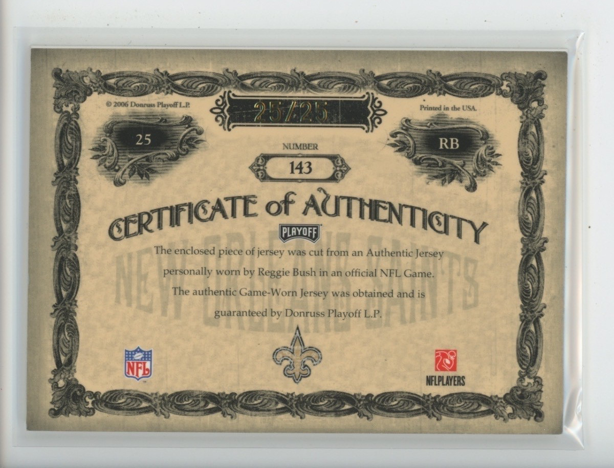 REGGIE BUSH AUTO GAME WORN PATCH RC 2006 NATIONAL TREASURES 25/25 JERSEY # 1/1 view 2