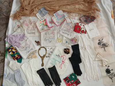 VTG Ladies Junk Drawer Lot Trinkets- Gloves, Linens, Perfume Bottles, Hankies