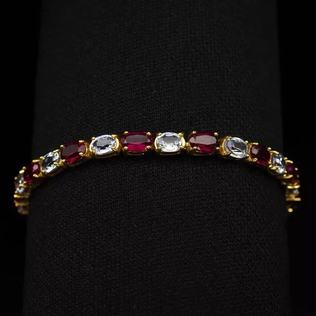 5CT Oval Cut Lab Created Ruby & Diam Tennis Bracelet 14k Yellow Gold Plated 7.5" - Image 2 of 3