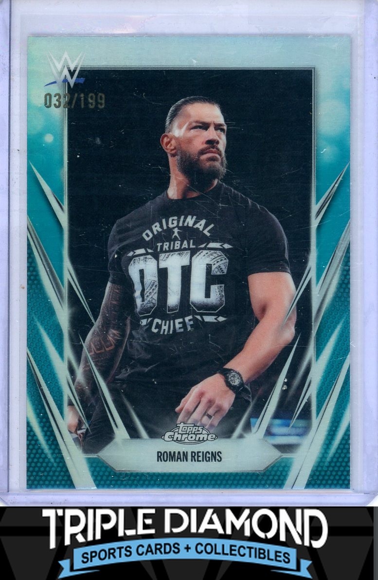 2026 Topps Chrome WWE Roman Reigns Aqua Refractor #032/199 F489
