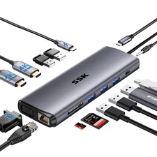 SSK Dual 4K HDMI to USB C Laptop Docking Station,14 in 1 USB C Hub Adapter Gray