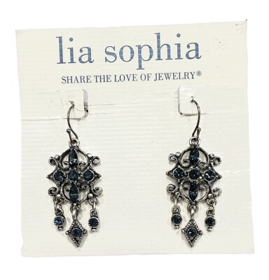 Lia Sophia ''Dakota'' Sapphire Blue Crystals Matte Silver Chandelier Earrings