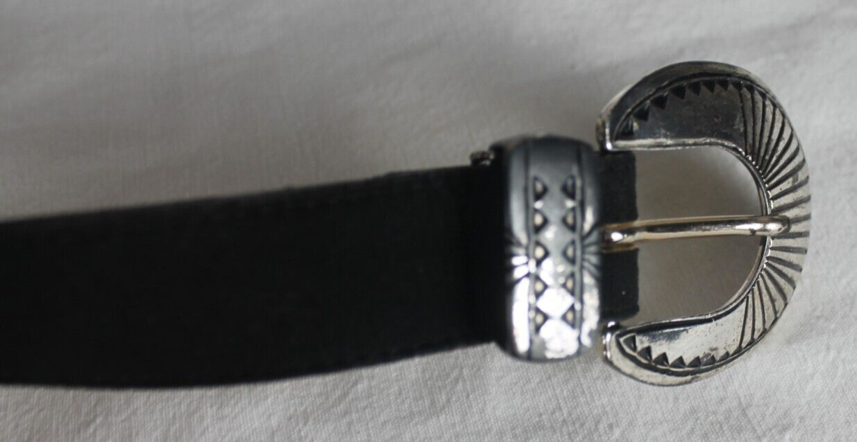 Streets Ahead Black Leather Belt Silver Aztec Logo Metal Tag Size Small 1653