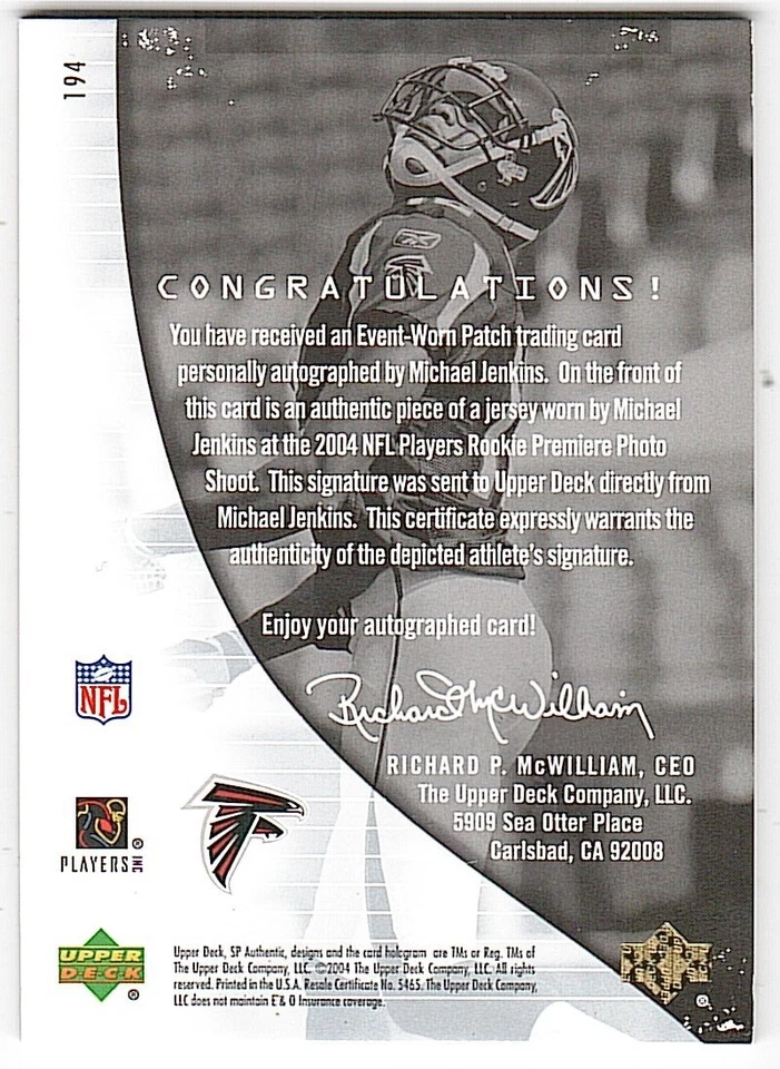 2004 SP Authentic #194 Michael Jenkins Falcons Rookie Patch Auto #127/799 - Image 2 of 2