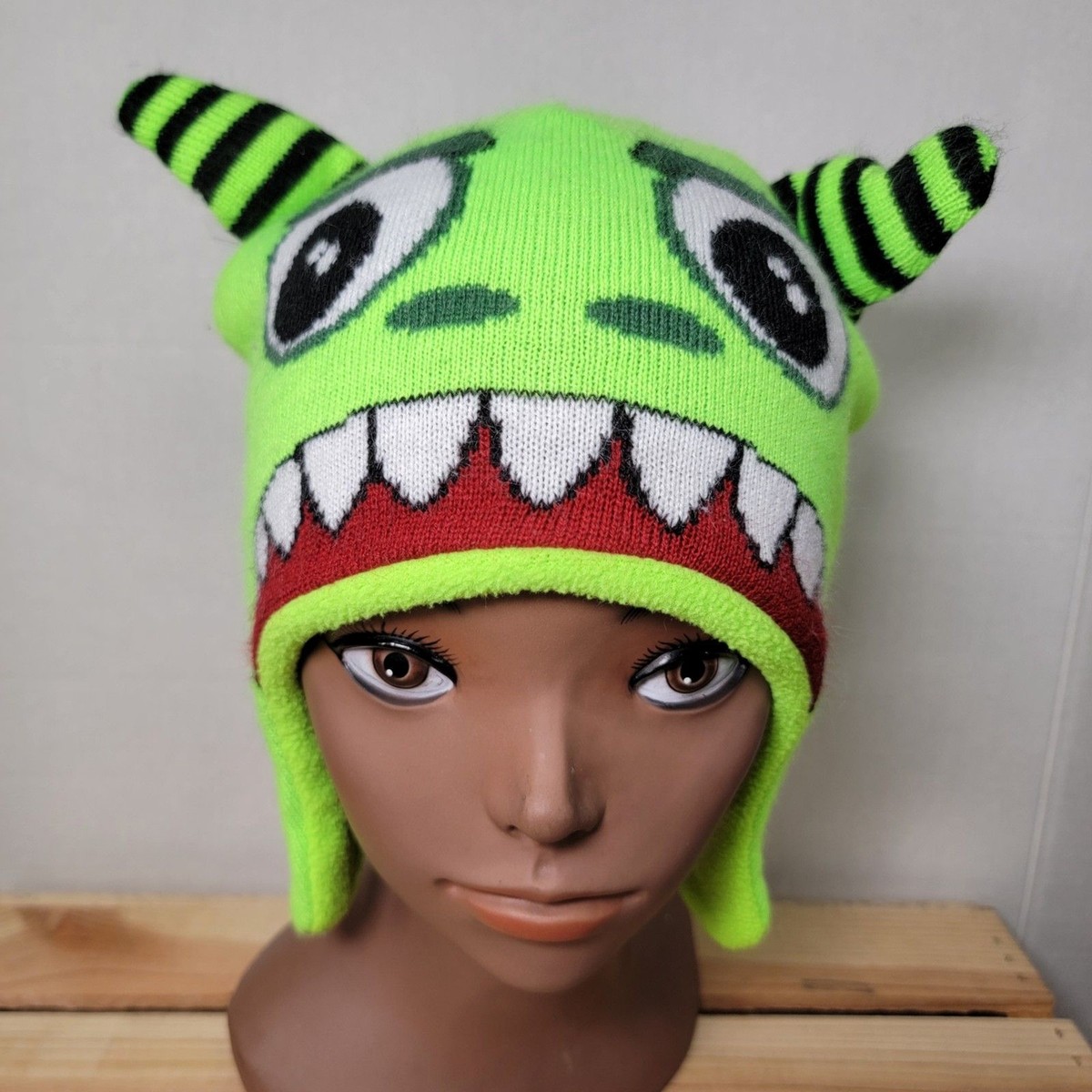 Japanese Brand Streetwear Kids Green Knit Monster Beanie w