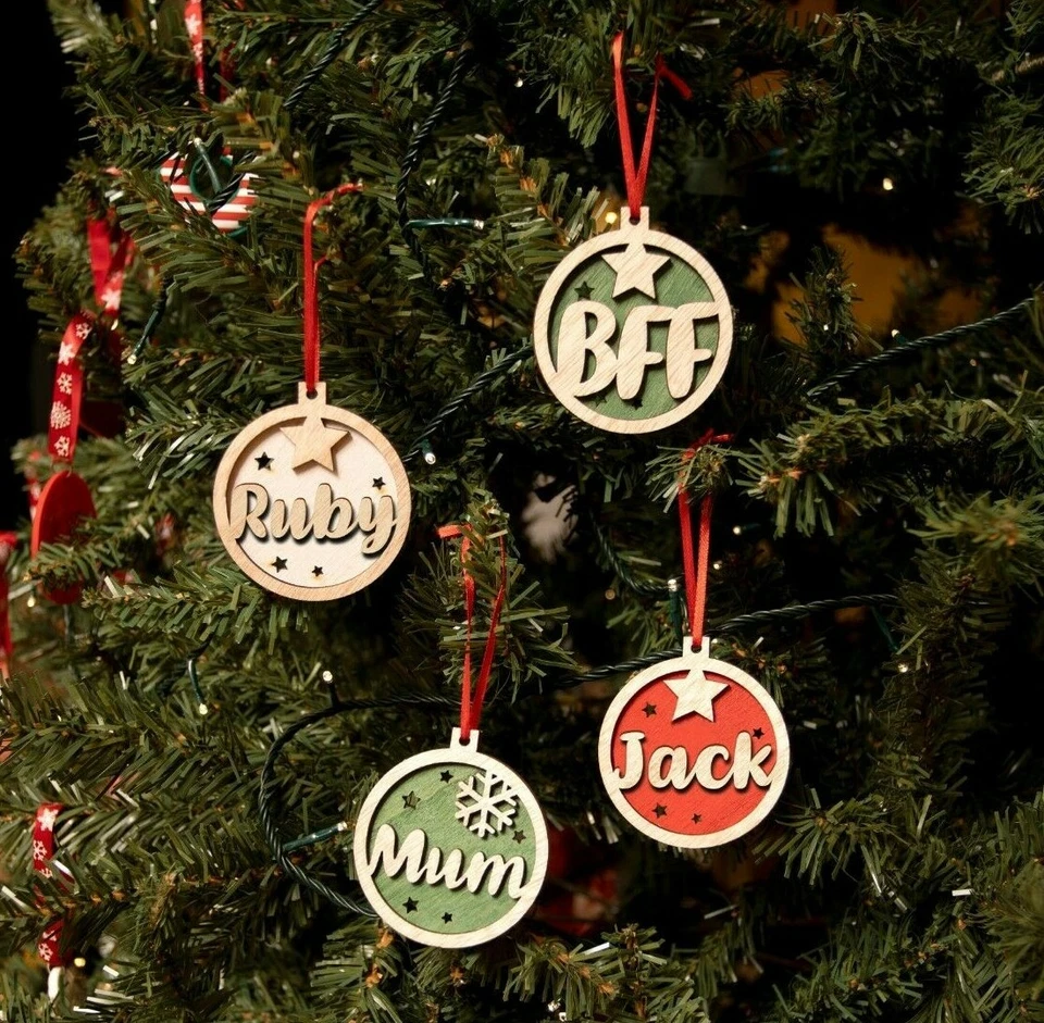 Personalised Wooden Name Hanging Christmas Tree Bauble Decoration Xmas Gift - Image 3 of 3