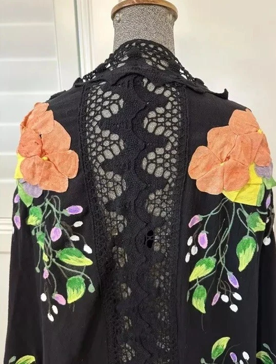 Vintage 60s 70s Cotton Mexican Piano Shawl Rebozo Flamenco Hand Painted Flowers - Image 2 of 4