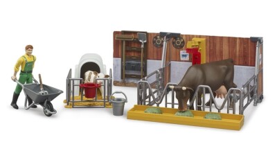 BRUDER, Barn Box with Cow and Calf with Farmer, 1/16 Scale, B...