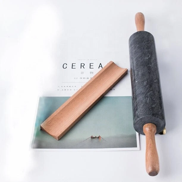 10-Inch Barrel Marble Rolling Pin with Wooden Cradle, Black - Image 2 of 4