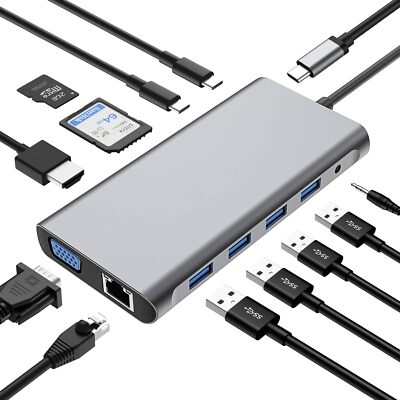USB C HUB, 12 in 1 USB C Adapter Docking Station mit 4K-HDMI, VGA, 3*USB 2.0