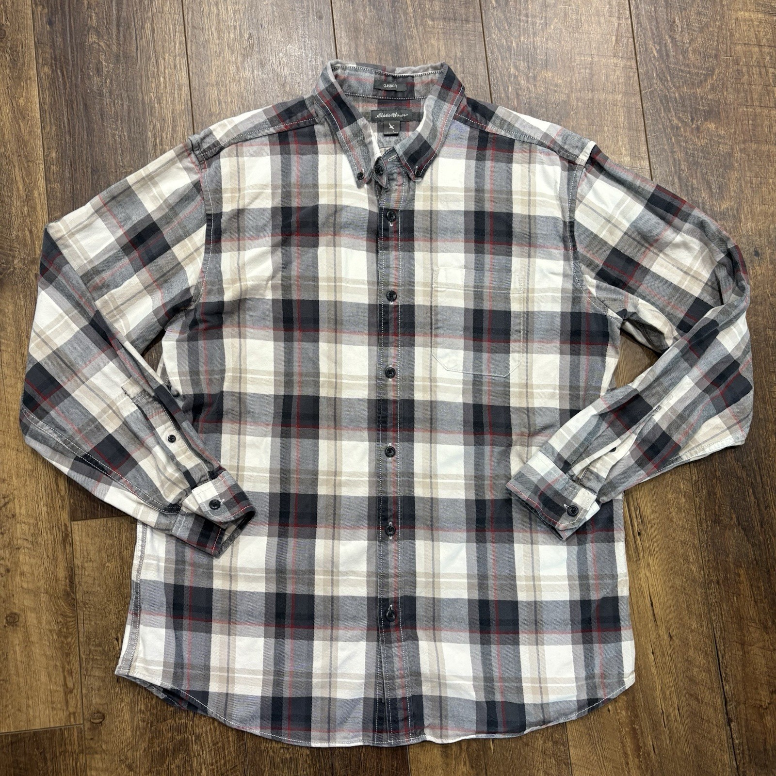 Eddie Bauer Men's Flannel Shirt Gray Plaid Button-Up Long Sleeve Classic Fit L