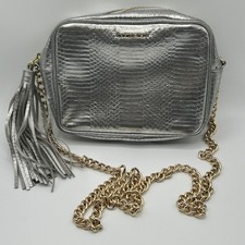 Victoria's Secret Silver Faux Leather Snakeskin Crossbody Bag Gold Chain Tassel