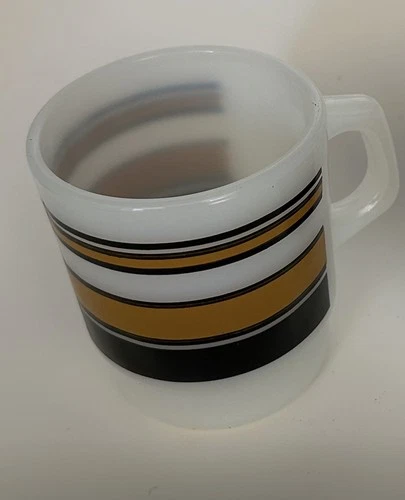 2 Vintage, MCM, Fire King Milkglass Mugs w/ Brown Stripes -Super Hip
