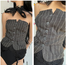 Pinstripe Corset Top Office Siren Academia Preppy Y2K Button Up Bustier - M
