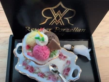 Dollhouse Miniature Ice cream Scoops Tray Reutter Porcelain Porzellan 1:12 Box