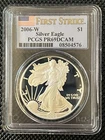 2006-W American Silver Eagle Proof, First Strike, Flag Label, PCGS PR 69 DCAM