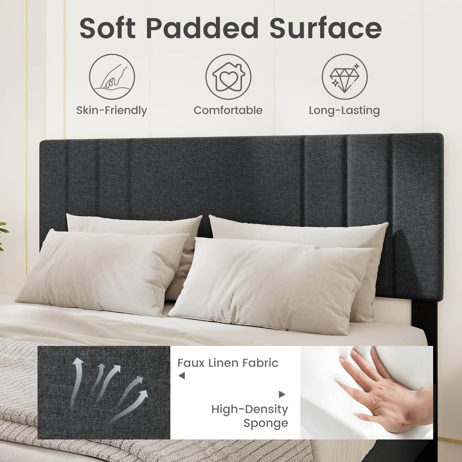 Queen Size Bed Frame with Vertical Channel Tufted Headboard & Wooden Slats