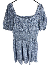 OLD NAVY Smocked Waist Blue Ditzy Floral Dress L Cottage Countrycore Peasant