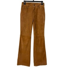 Mango MNG Straight Fit Brown Suede Goat Leather Pants Size 26 Boho Hippie 70s