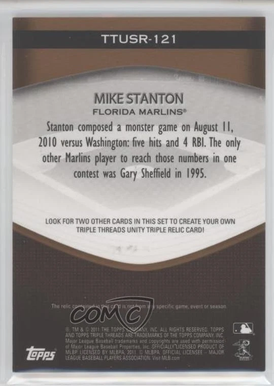 2011 Topps Triple Threads Unity Relic Sepia /27 Giancarlo Stanton Mike - Image 2 of 2