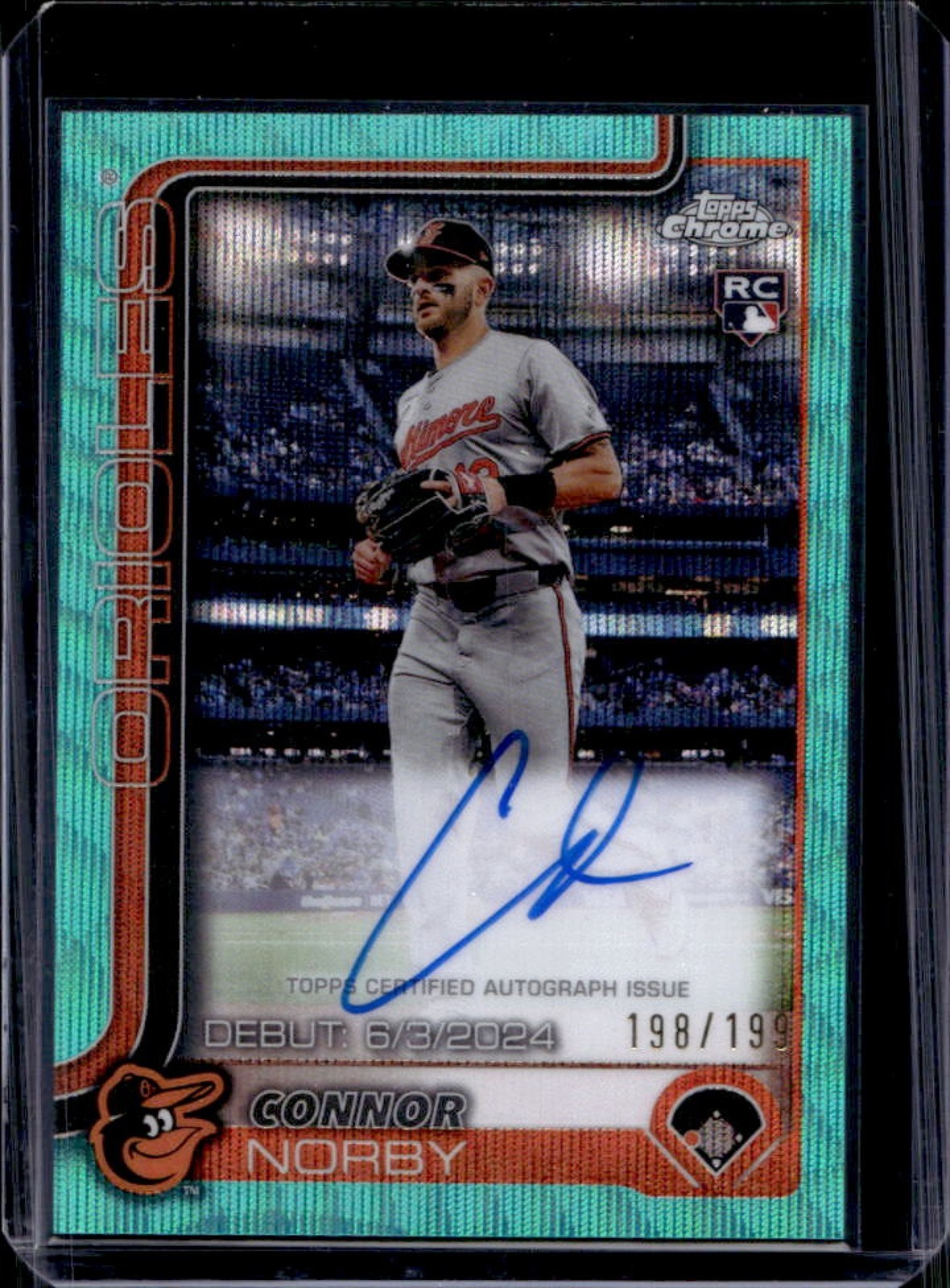 2025 Topps Chrome Connor Norby Rookie Debut Auto RC Aqua Wave Refractor #/199
