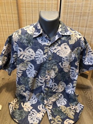 Cooke Street Hawaiian Button Up Shirt Medium Blue and Green Leaves 100% Cotton