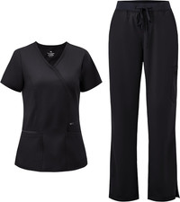 COZYFIT Scrubs for Women - Mock Wrap Top Straight Leg Pants with 6 Pockets, Ba