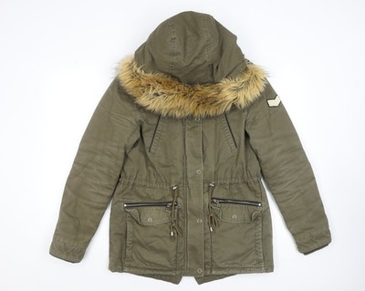 Pimkie Damen grün Fellbesatz Kapuze Parka Mantel Größe 10