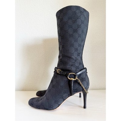 Gucci Tom Ford Era Black GG Monogram Canvas Mid Calf Boots Horsebit Chain EU 36C