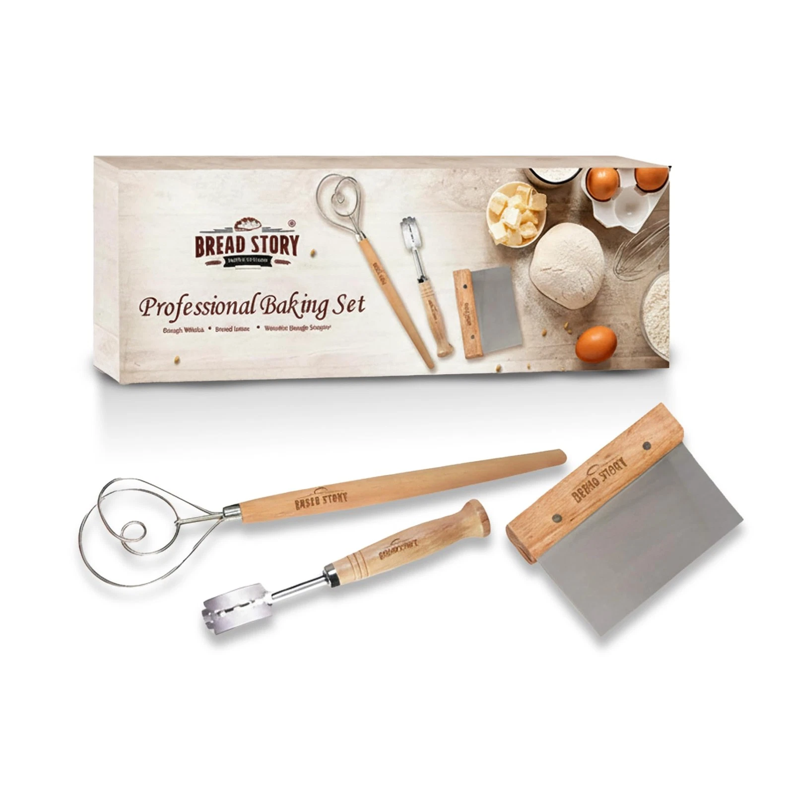 Danish Dough Whisk Set – Wooden Scraper & Lame Scoring Tool | Sourdough Whisk...