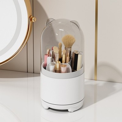 White Makeup Brush Storage Container 360° Rotating Dust Prevention Transparent L