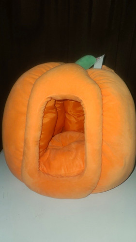 Orange Pumpkin-Shaped Plush Cat Cave Bed Hideaway with Removable Cushion