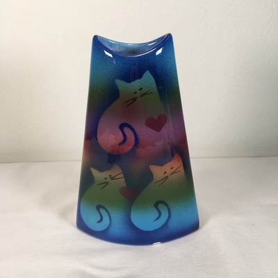 Vintage Signed Judith Stiles Ceramic Vase Airbrushed Rainbow Cats and Hearts 9''