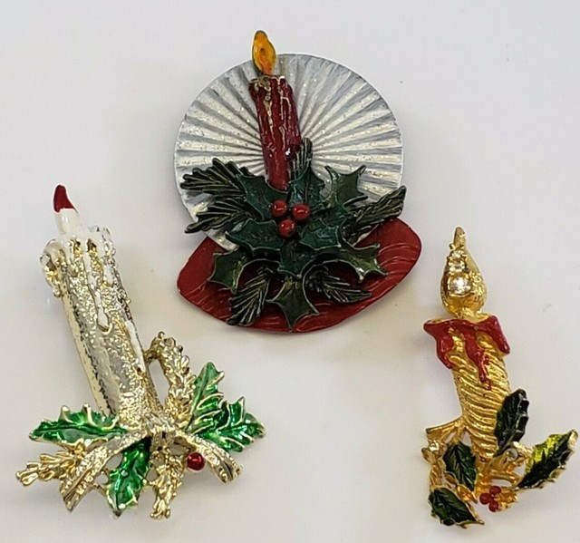 Vintage / Now Christmas Holiday Brooch Pin Lot Candle Rhinestone signed