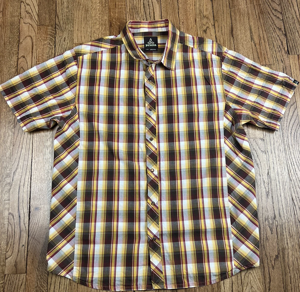 prana breathe plaid pearl snap short sleeve hiking shirt