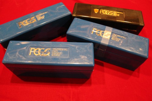 4- USED  SLAB STORAGE BOXES, EACH HOLDS 20 GRADED COIN SLABS, GOOD  CONDITION